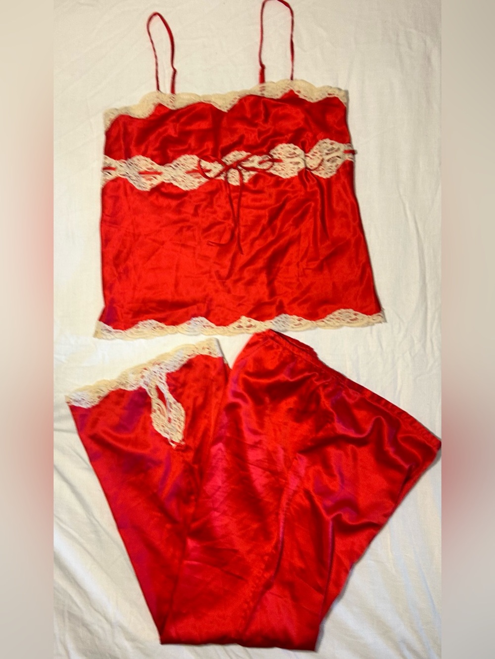Victoria's Secret Red Satin Camisole & Pants Set with Cream Lace